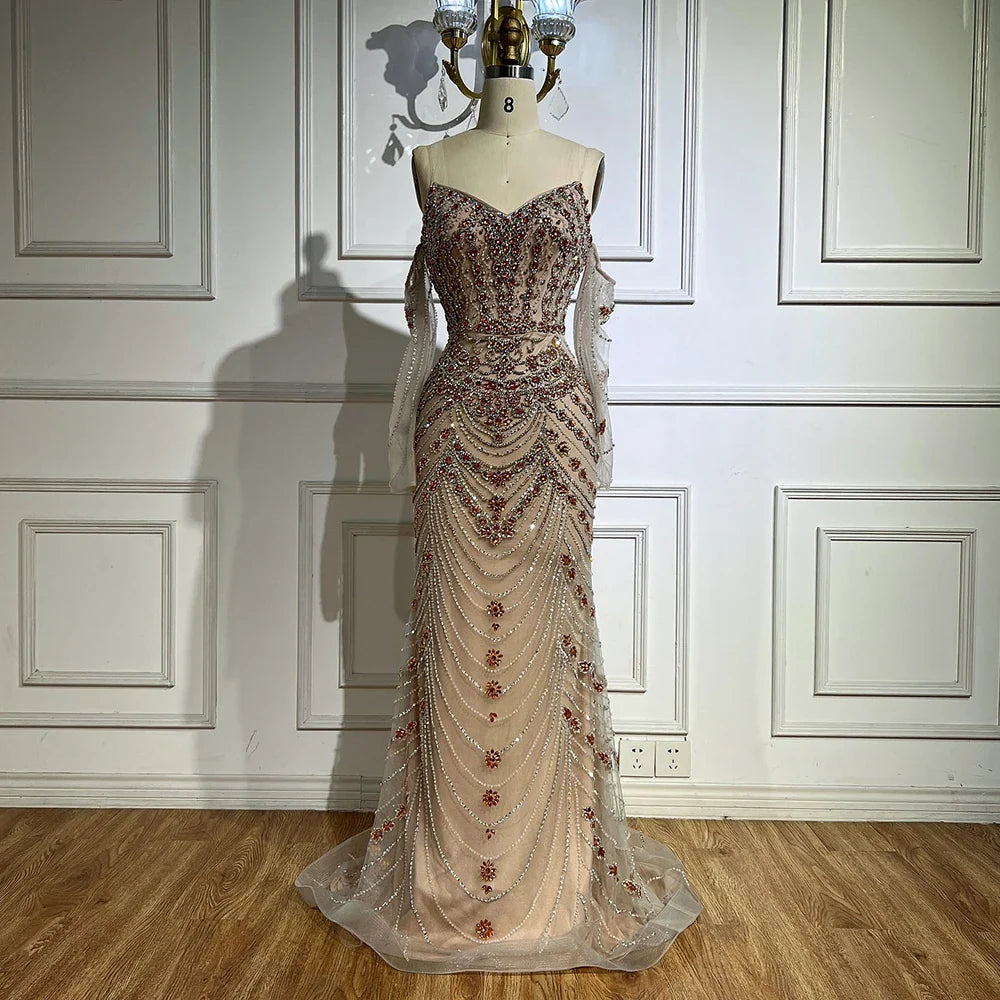 Luxury Blue Beaded Mermaid Evening Dress LA72858