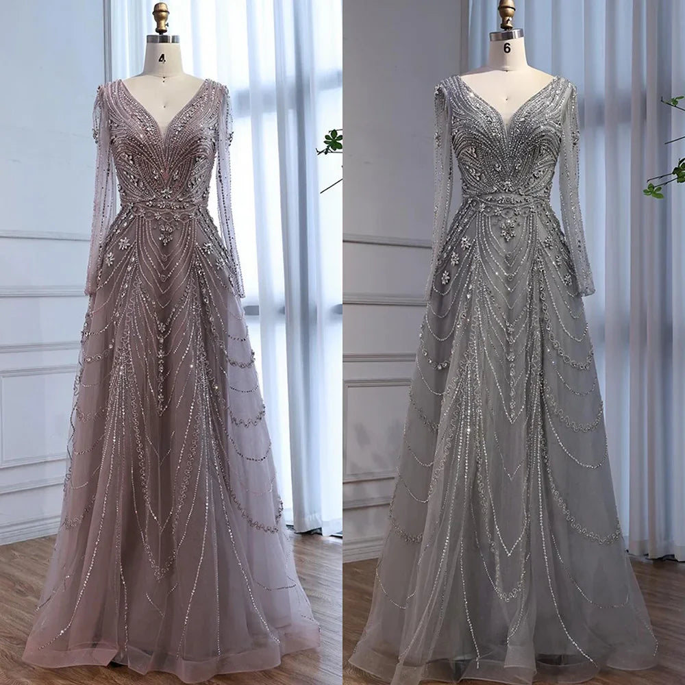 Luxury Pink Beaded A-Line Evening Dress 2025 with V Neck & Long Sleeves LA73114