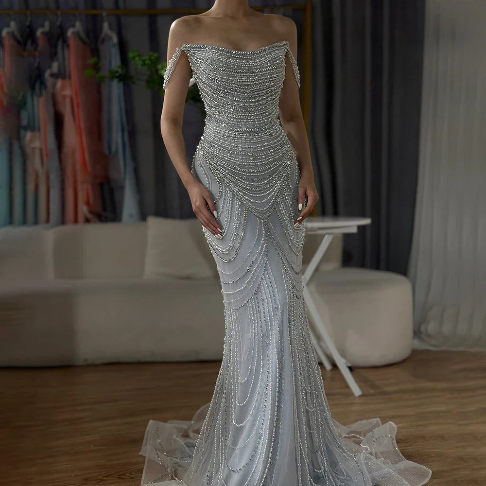 Luxury Crystal Silver Gray Pearl Beaded Evening Dress LA72253
