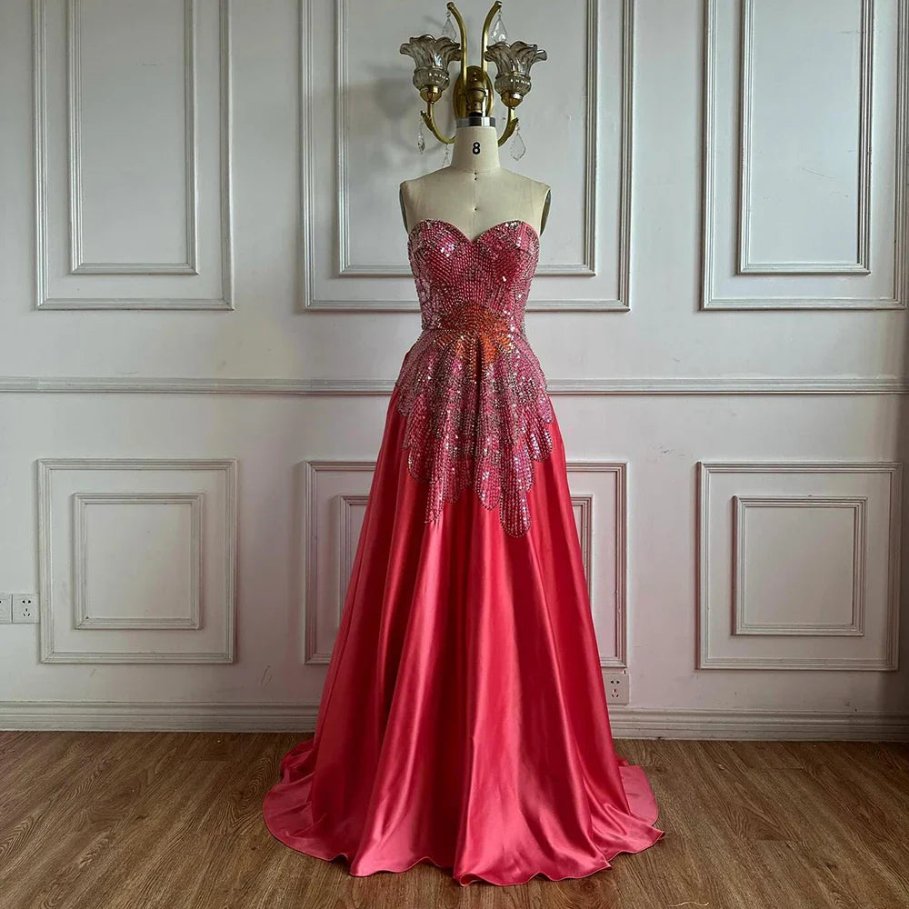 Luxury Pink Satin A-Line Beaded Evening Dress LA72195A