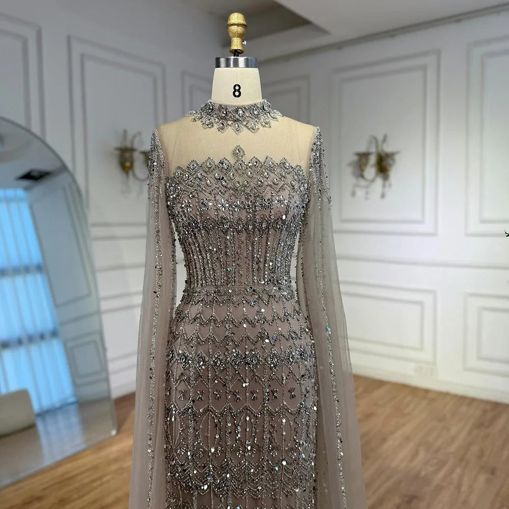 Luxury Nude Beaded Evening Dress with Long Cape Sleeves LA72714A
