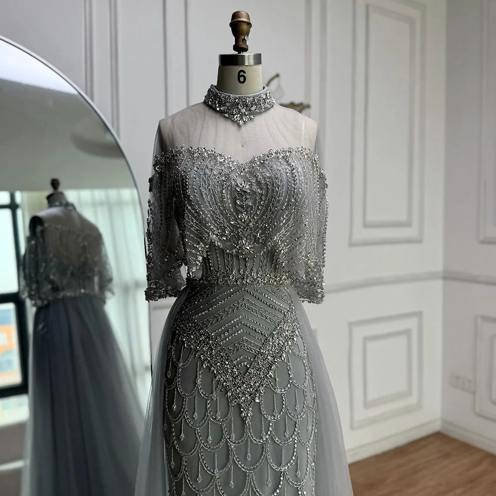Luxury Gray Beaded Evening Dress with Overskirt LA73129
