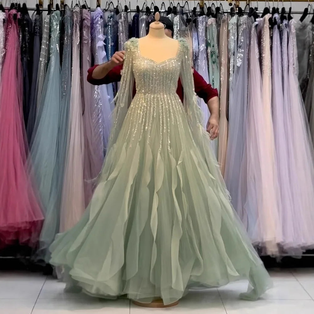Luxury Sage Green A lina Evening Dress With Cape LA72984
