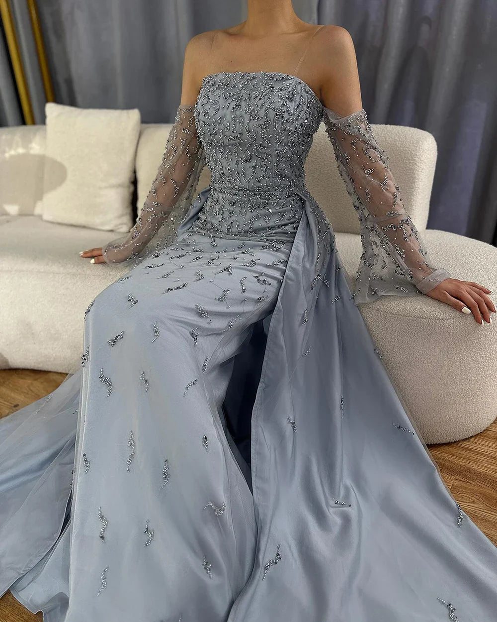 Dubai Luxury Blue Beaded Pearls Evening Gown with Overskirt LA72705