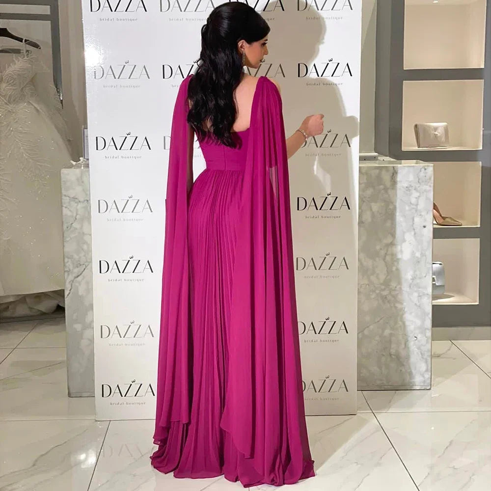 Luxury Fuchsia Chiffon Evening Dress with Cape Sleeves LA73021