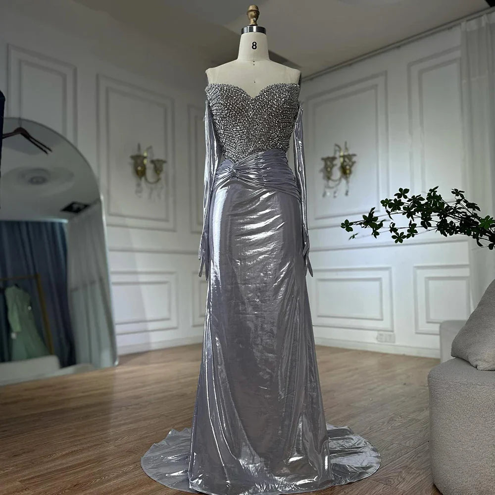 Luxury Dubai Elegant White Arabic Evening Gown with Crystal Beaded Dress and Gloves for Formal Occasion LA72758
