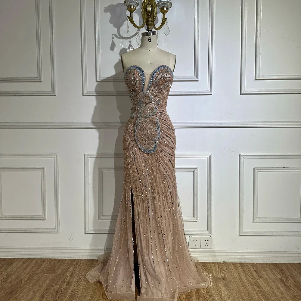 Luxury Dubai Saudi Arabic Pink Mermaid Evening Dress with High Split for Formal Occasion LA72480