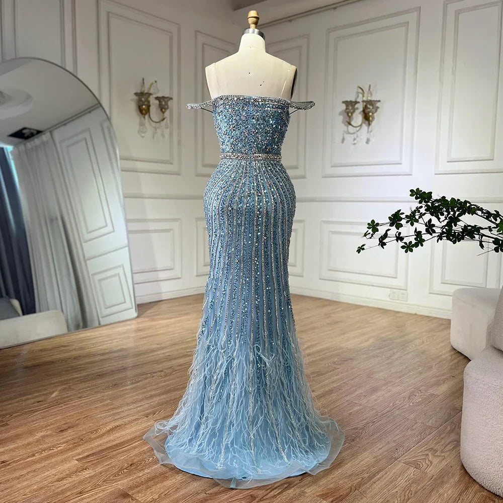 Luxury Dubai Caramel Spaghetti Strap Mermaid Gown Feathers Beaded Luxury Saudi Evening Dress for Formal Occasion LA72715