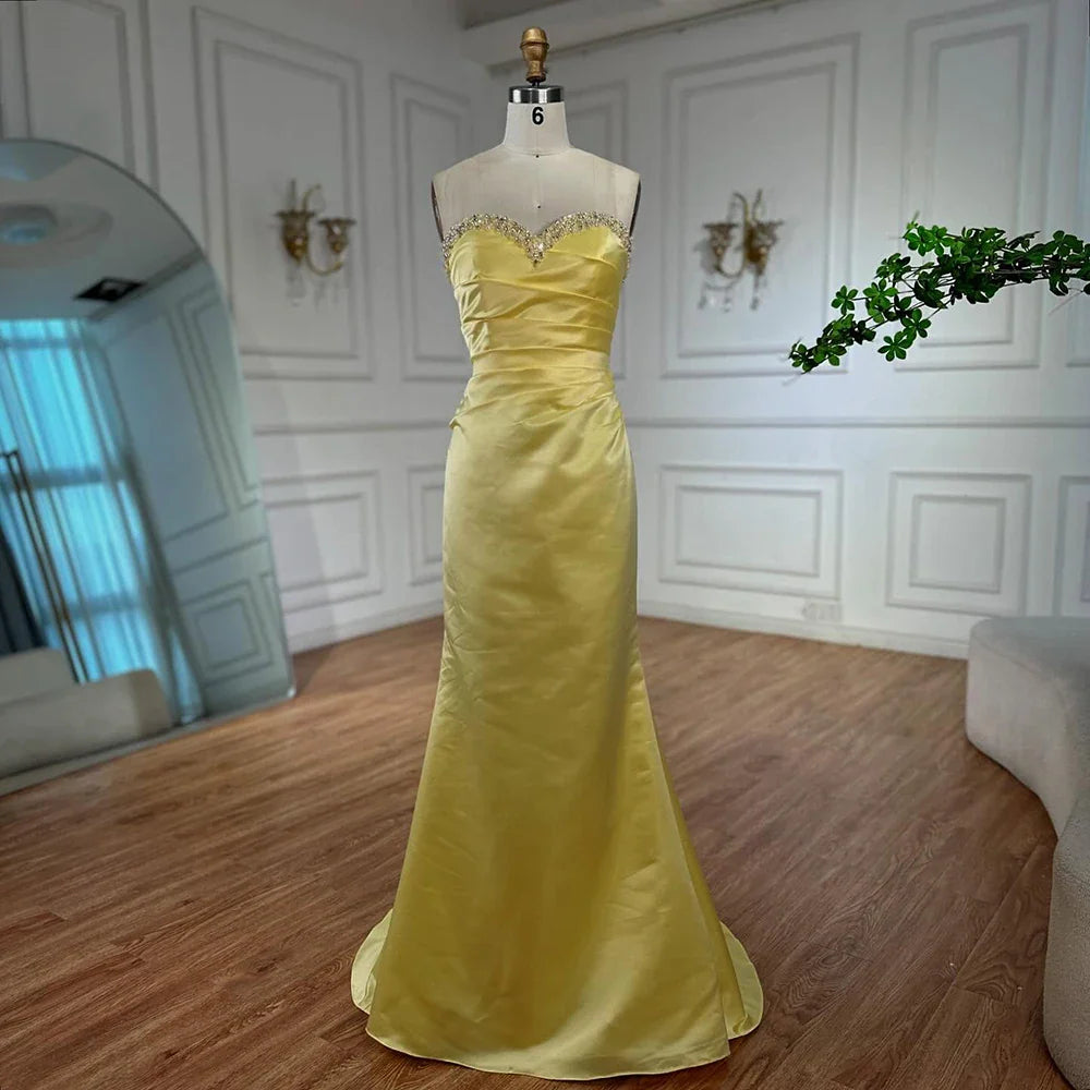 Elegant Yellow Mermaid Beaded Evening Gown with Detachable Sleeves LA72777