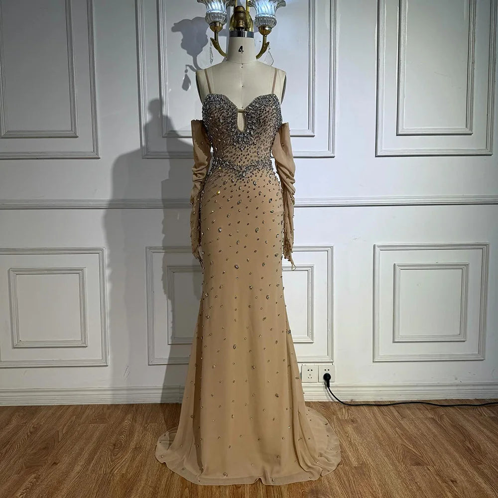 Luxury Nude Beaded Dress with Detachable Sleeves LA73065