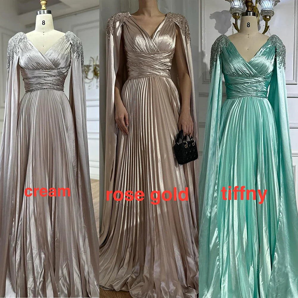 Rose Gold Beaded Satin A-Line Evening Dress with Cape Sleeves LA72663