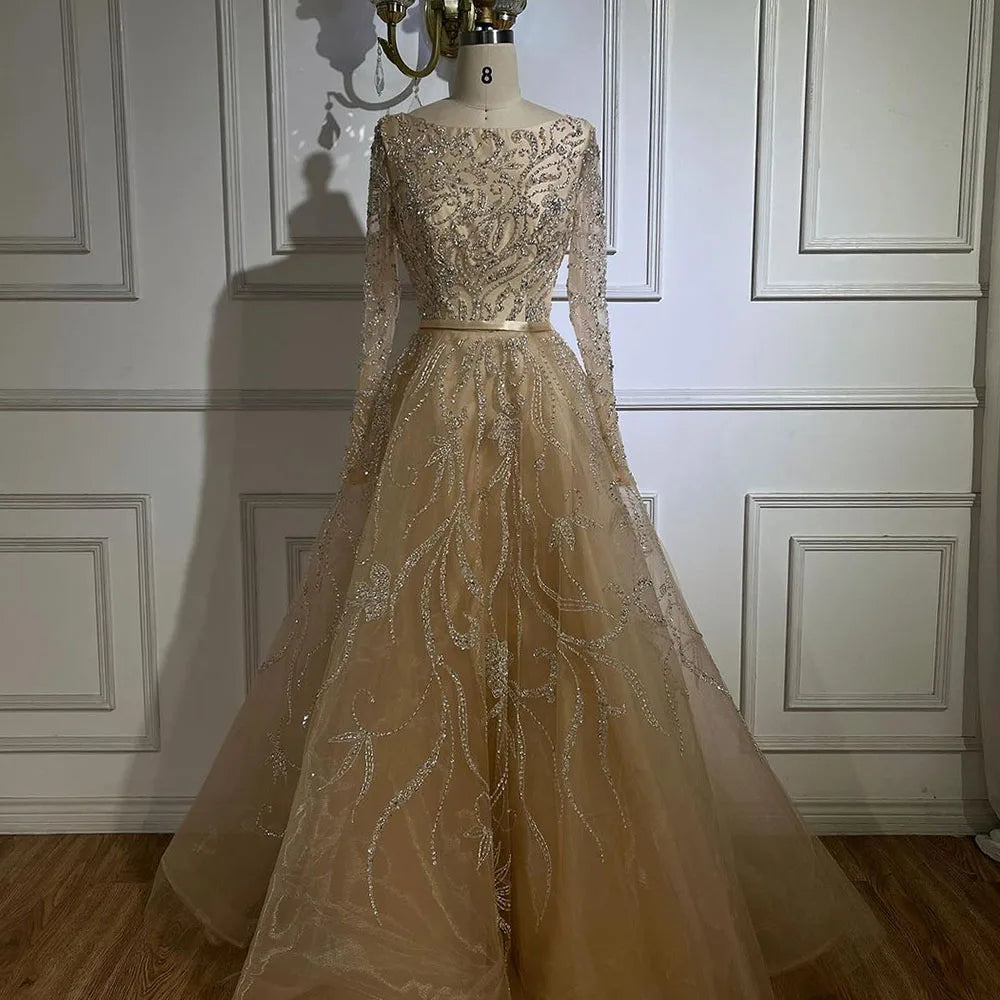 Muslim Nude A-Line Beaded Evening Dress with Long Sleeves LA71596A