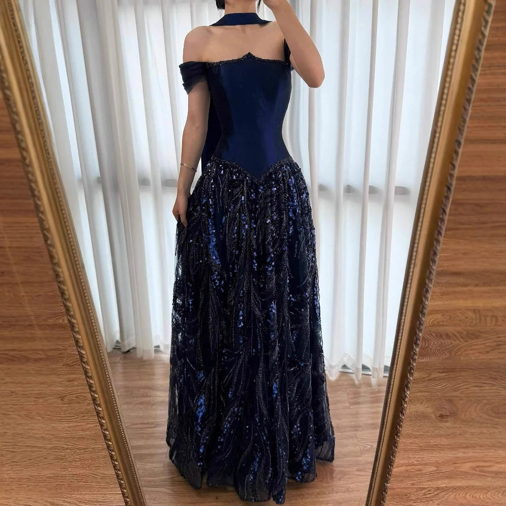 Luxury Arabic Navy A-Line Evening Dress with Beaded LA73050