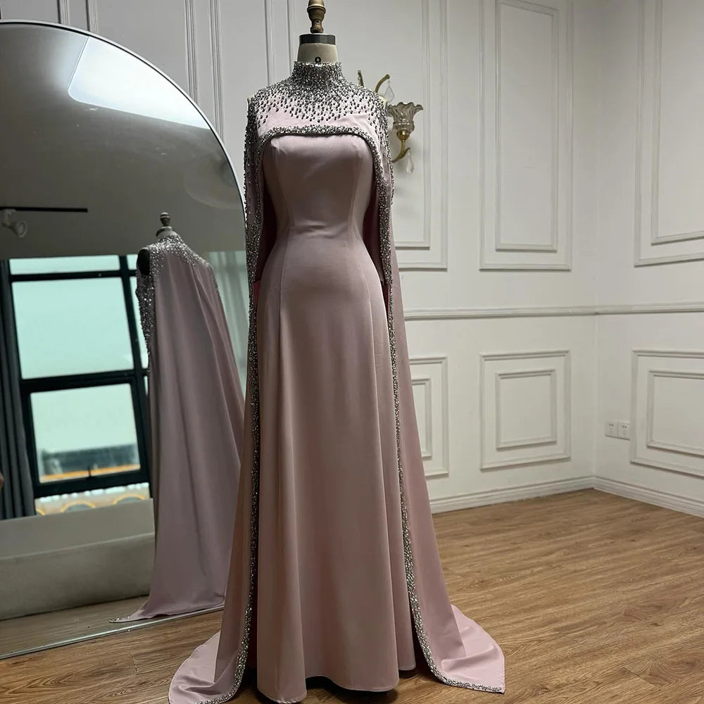 Elegant High Neck Evening Dress with Crystals and Long Cape LA73068