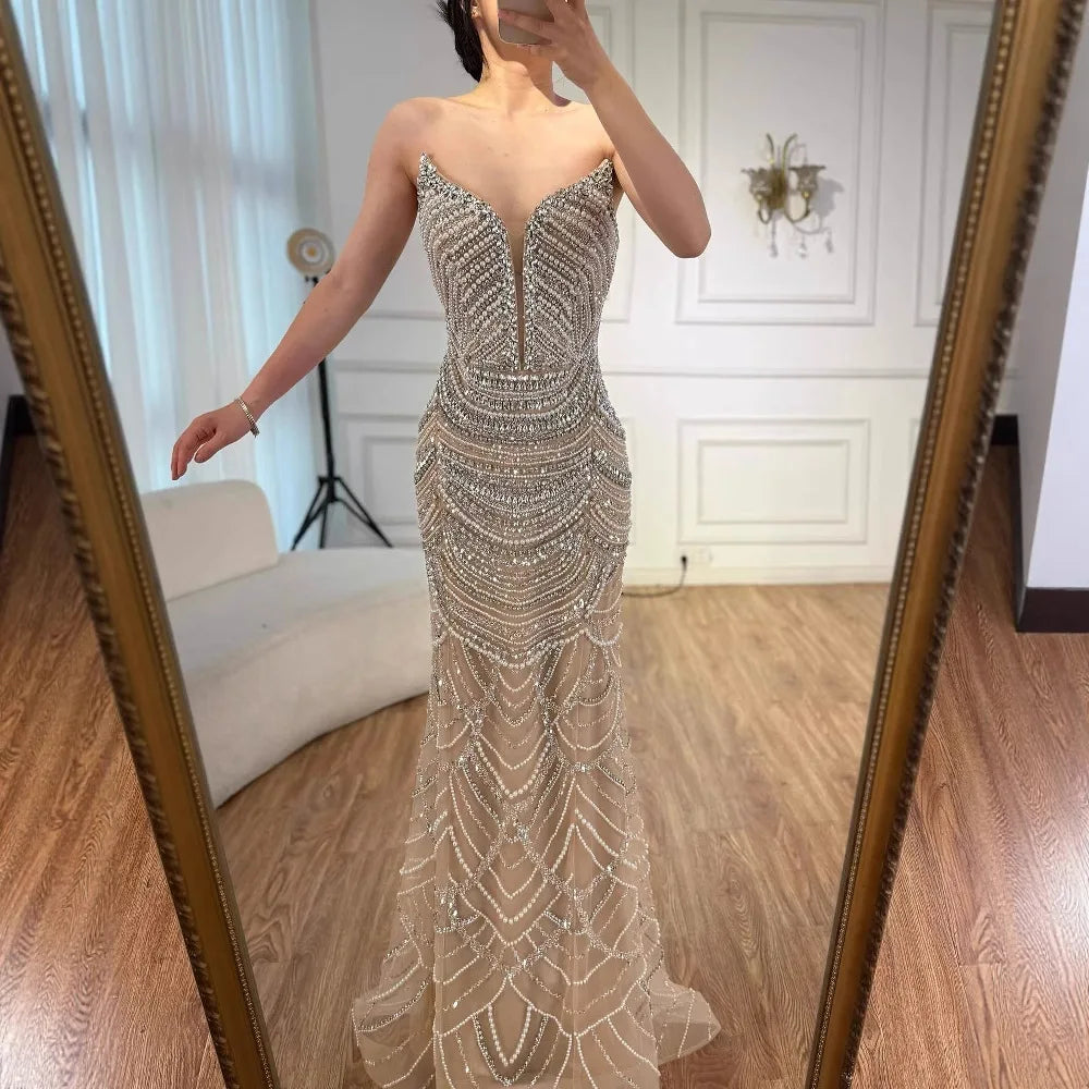 Luxury Nude Silver Beaded Evening Gown with Crystals LA72900