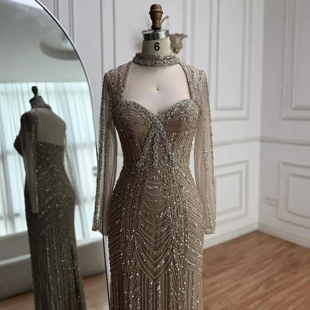 Caramel Beaded Mermaid Evening Dress with Long Sleeves LA72560B
