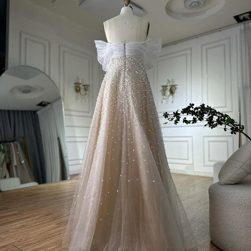 Luxury Dubai Arabic Blue Off The Shoulder Beaded Elegant A-Line Long Evening Dresses Gowns for Formal Occasion LA72009A