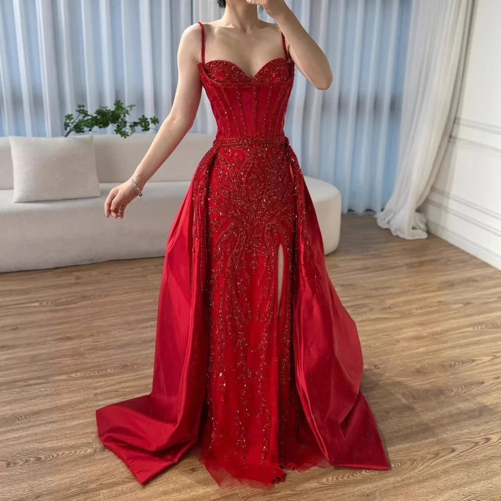 Luxury Red Beaded High Slit Evening Gown with Overskirt LA72936