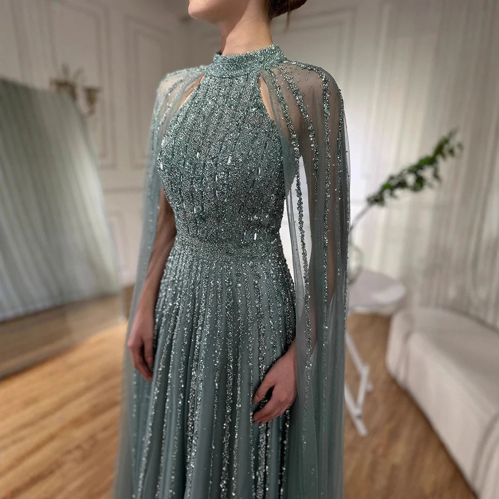 Luxury Caramel A-Line Cape Sleeve Beaded Evening Dress LA72306B