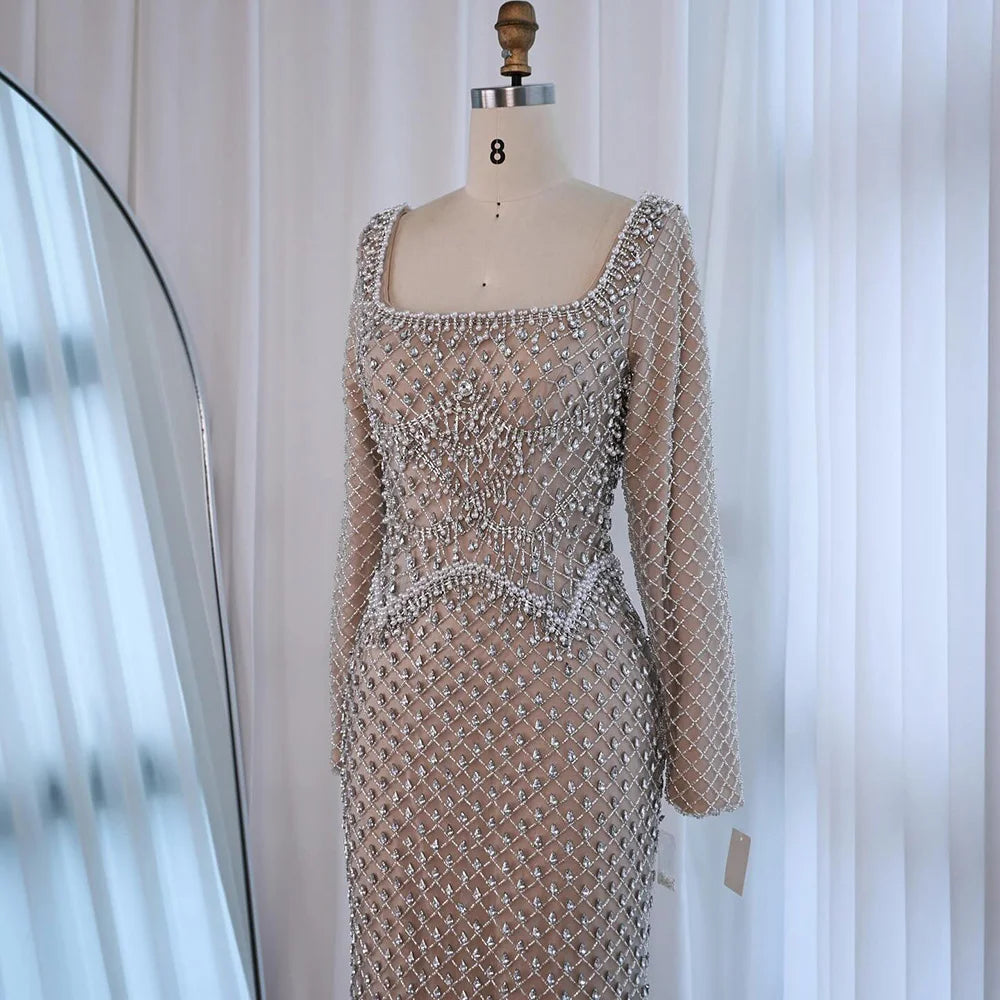 Modest Pearl Beaded Mermaid Evening Dress with Long Sleeves LA72919A