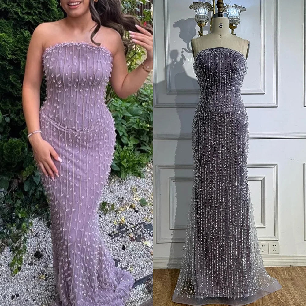 Elegant Crystal Beaded Strapless Lilac Mermaid Evening Gown LA72950