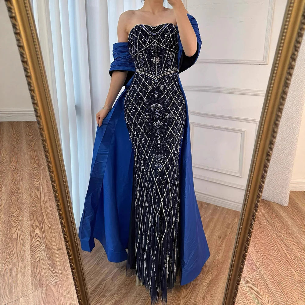 Luxury Dubai Nude Beaded Mermaid Evening Gown Off Shoulder Shawl Crystal Detailing for Formal Occasion LA72819