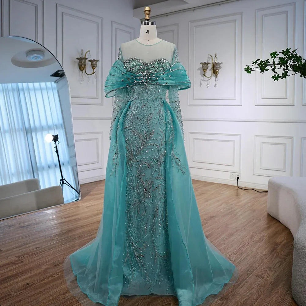 Luxury Blue Designer Evening Dress with Long Sleeves Overskirt LA72841
