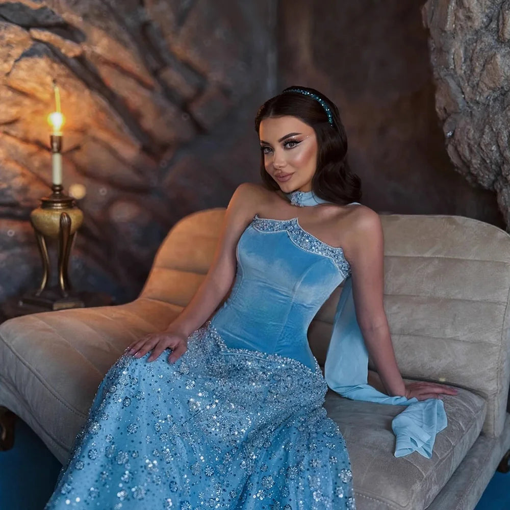 Luxury Blue Beaded A-Line Evening Dress 2025 Formal Gown LA73050B