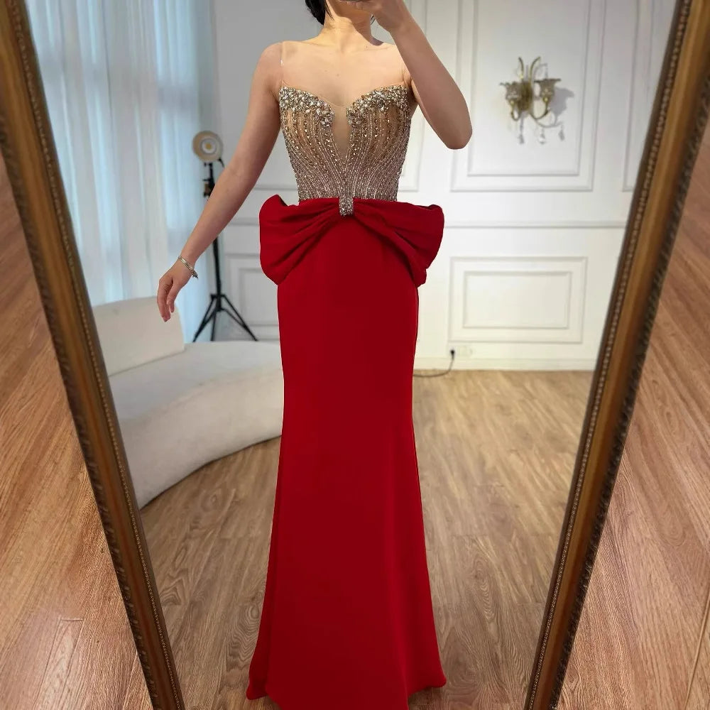 Designer Red Satin Evening Dress with Bow LA73060