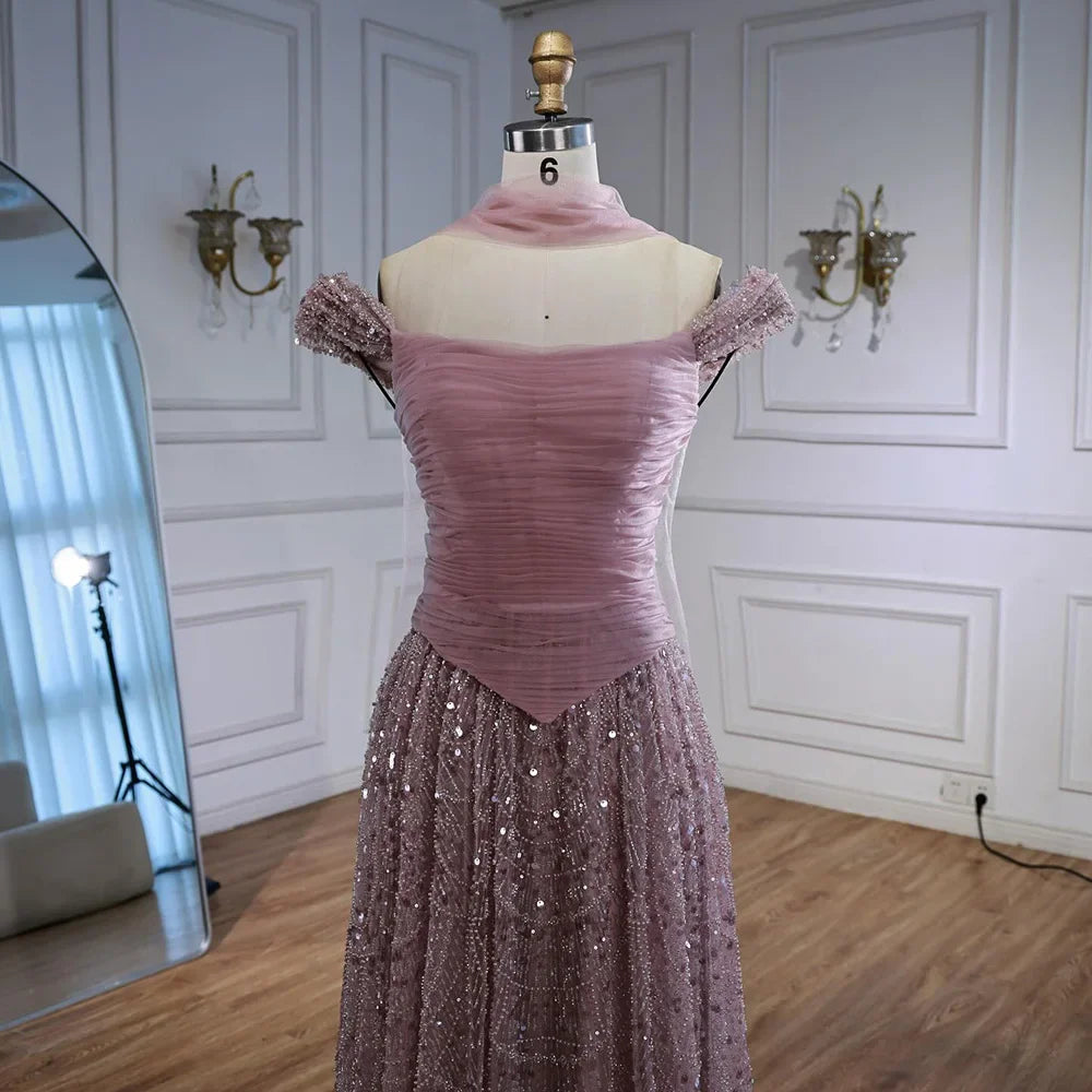 Luxury Arabic Pink Pearls Beaded Evening Dress With Cape LA72922