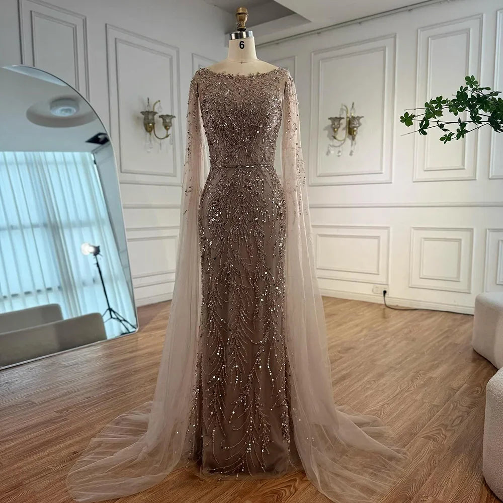 Luxury Caramel Beaded Evening Dress with Cape Sleeves LA73078