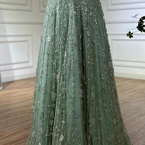 Luxury Sage Green and Pink Arabic Strapless Beaded Evening Dress LA72805D