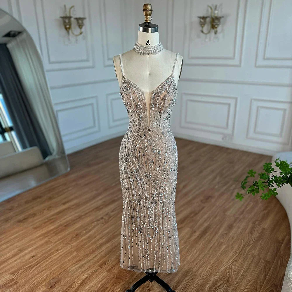 White Nude Beaded Evening Dress with Spaghetti Straps LA72047D