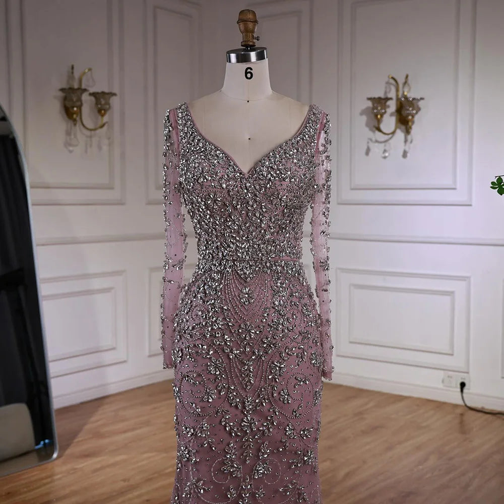 Luxury Nude Beaded Crystal Evening Dress with Long Sleeves LA73042