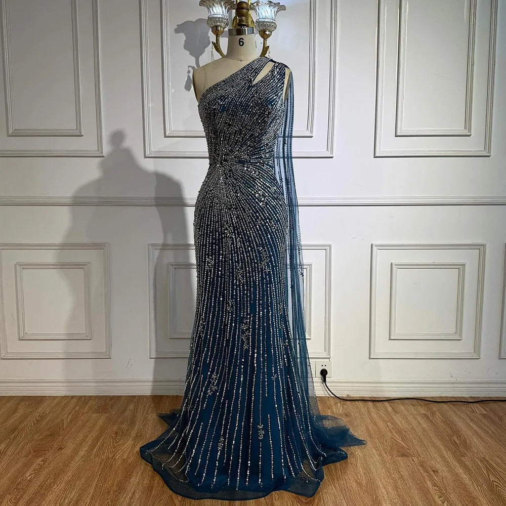 Luxury Black One Shoulder Mermaid Evening Dress with High Slit LA72829