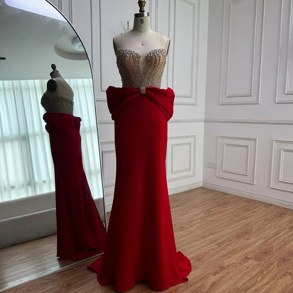 Designer Red Satin Evening Dress with Bow LA73060