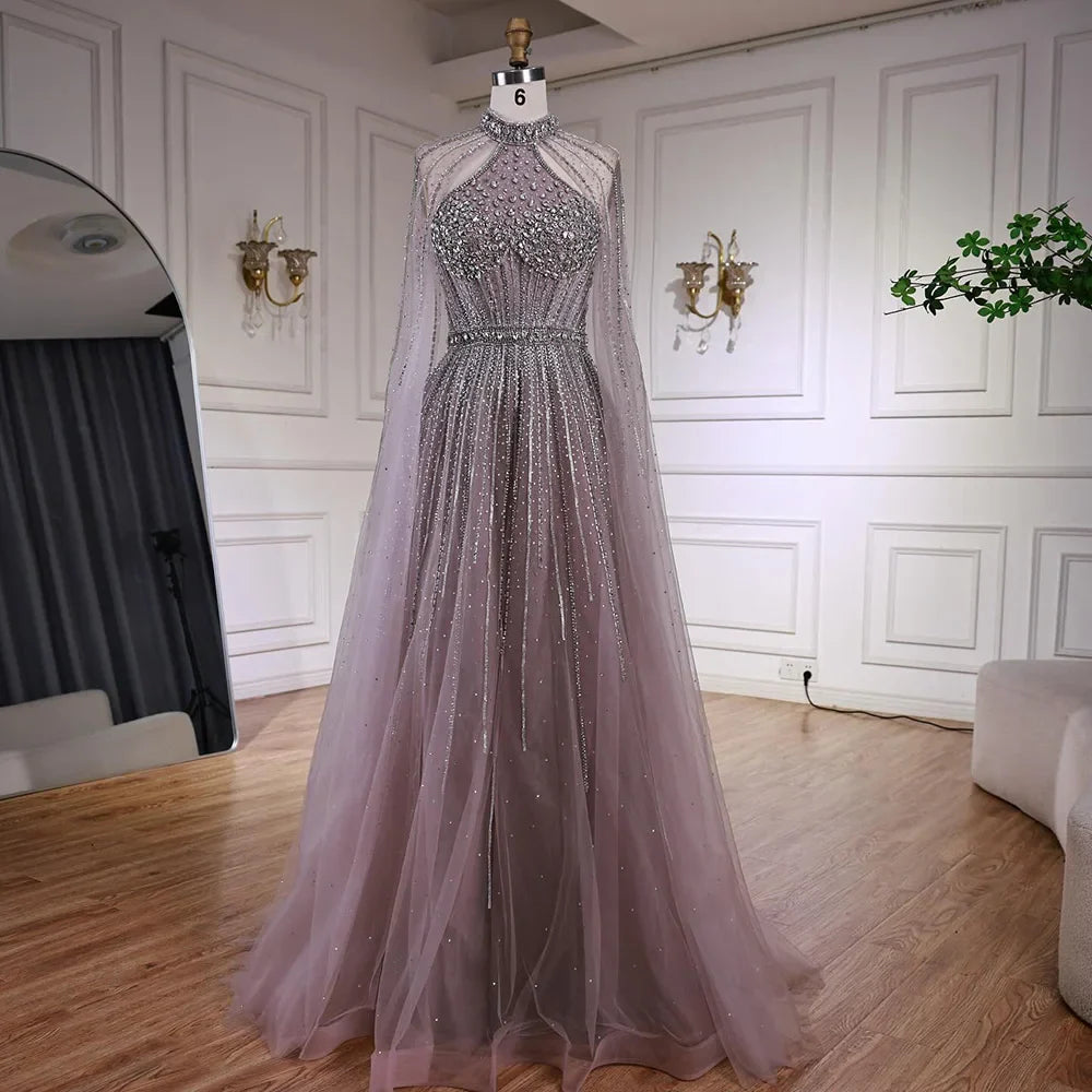 Luxury Beaded A-Line Evening Dress with Cape Sleeves LA73054