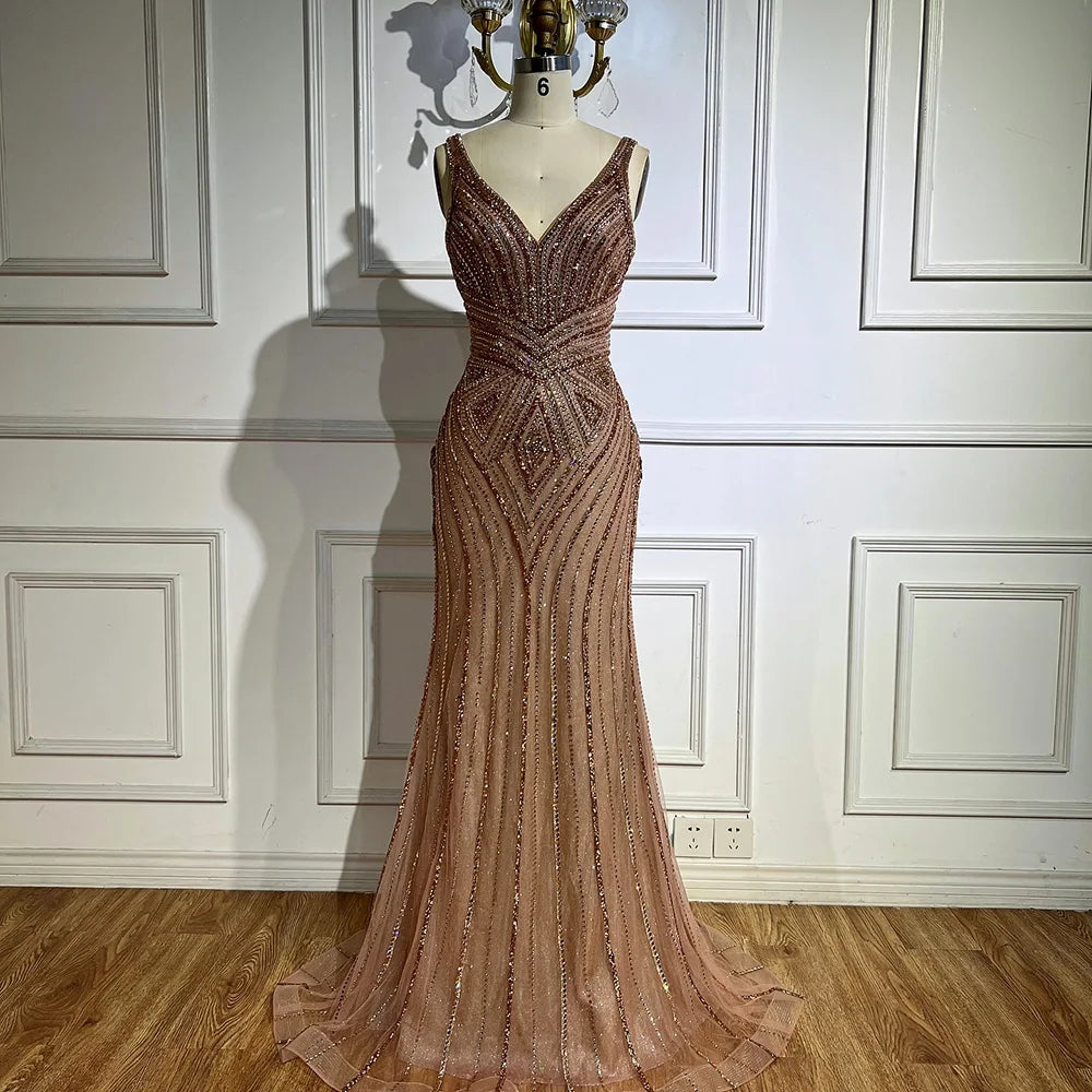 V Neck Beaded Sleeveless Mermaid Evening Dress LA73013