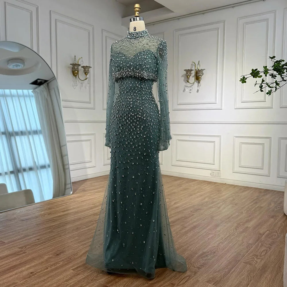 Luxury Turquoise Two Pieces Beaded Mermaid Evening Dress with Detachable Top LA73095