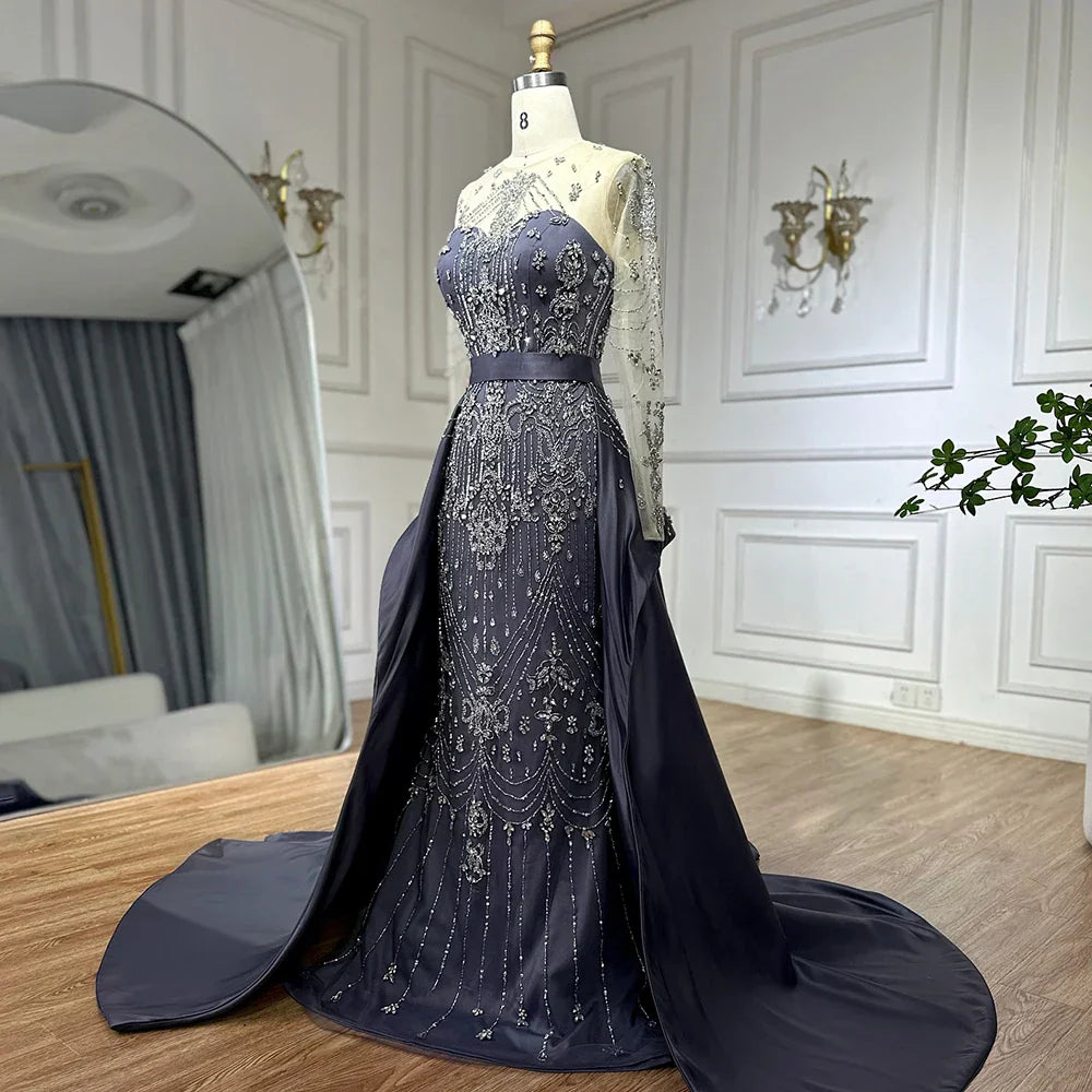 Luxury Dubai Blue Crystal Beaded Evening Dress with Overskirt LA72757