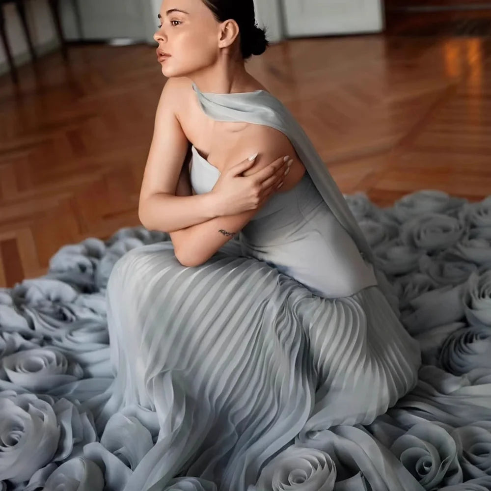 Elegant Sage Green 3D Flowers A Line Evening Dresses Gowns LA72913