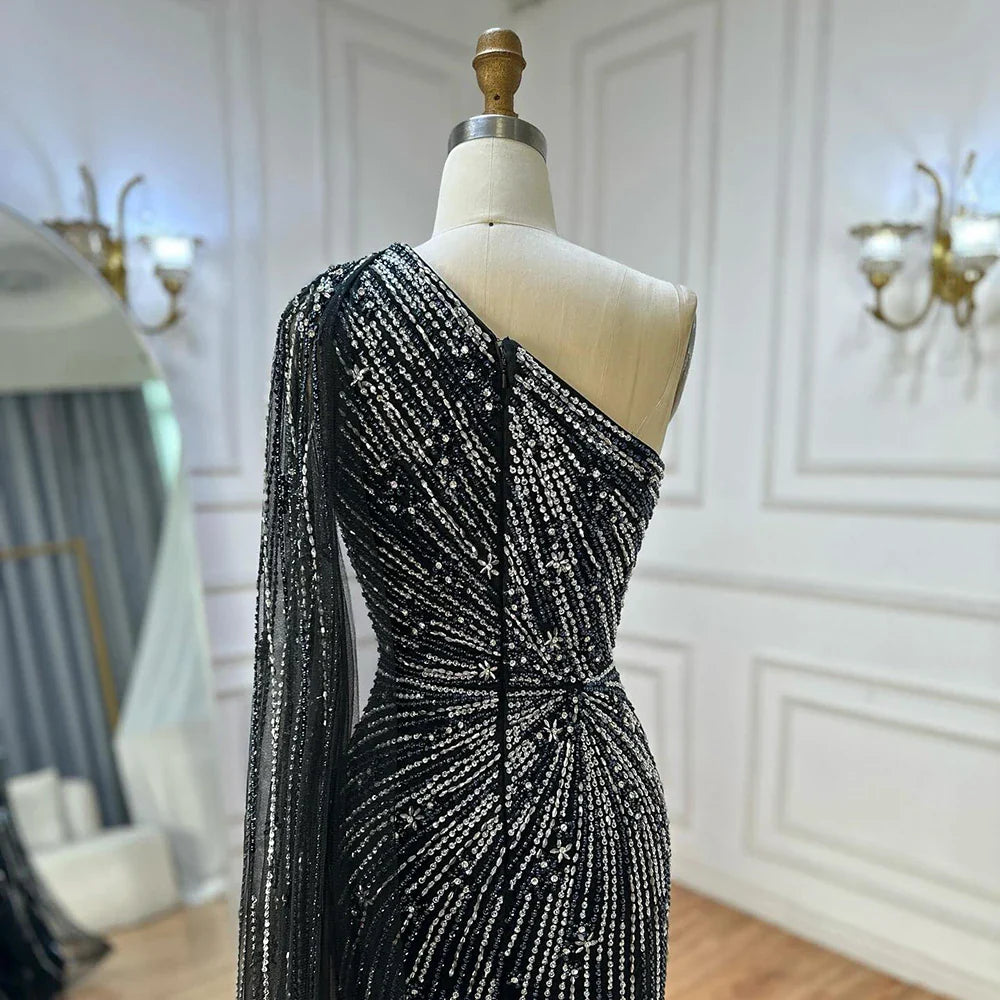 Luxury Black One Shoulder Mermaid Evening Dress with High Slit LA72829