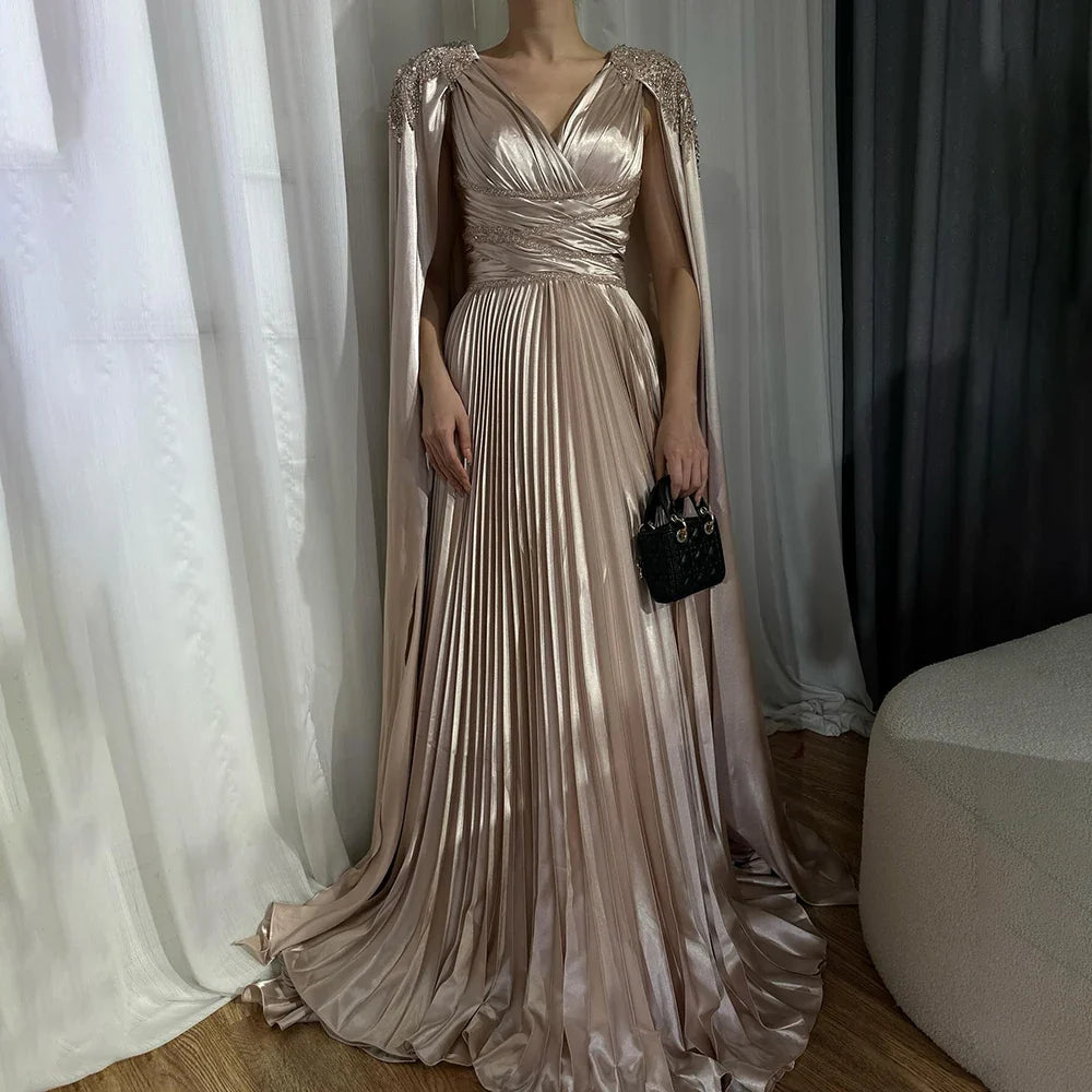 Rose Gold Beaded Satin A-Line Evening Dress with Cape Sleeves LA72663