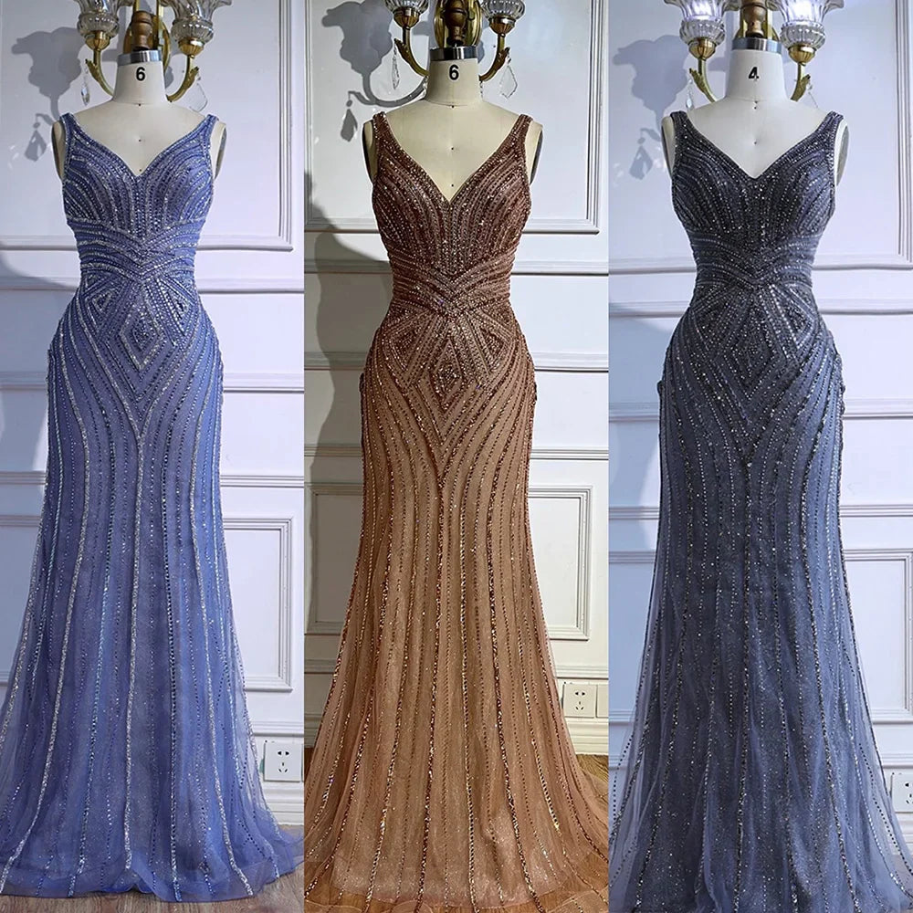 V Neck Beaded Sleeveless Mermaid Evening Dress LA73013