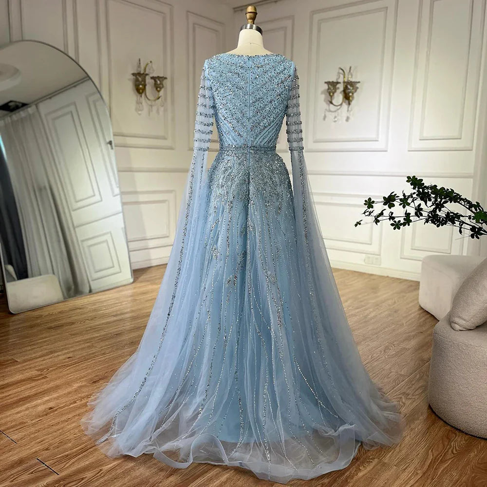 Luxury Dubai Arabic Caramel Elegant A-Line Beaded Long Evening Dresses Gowns with Cape Sleeves for Formal Occasion LA72750