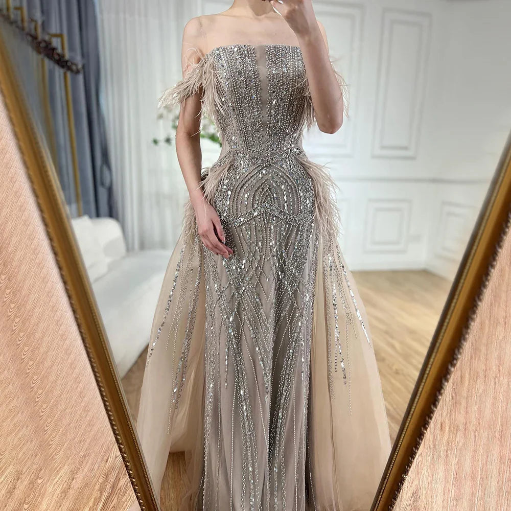 Luxury Dubai Blue Mermaid Gown Luxury Feathers Beaded Saudi Evening Dress with Overlay Skirt for Formal Occasion LA72727