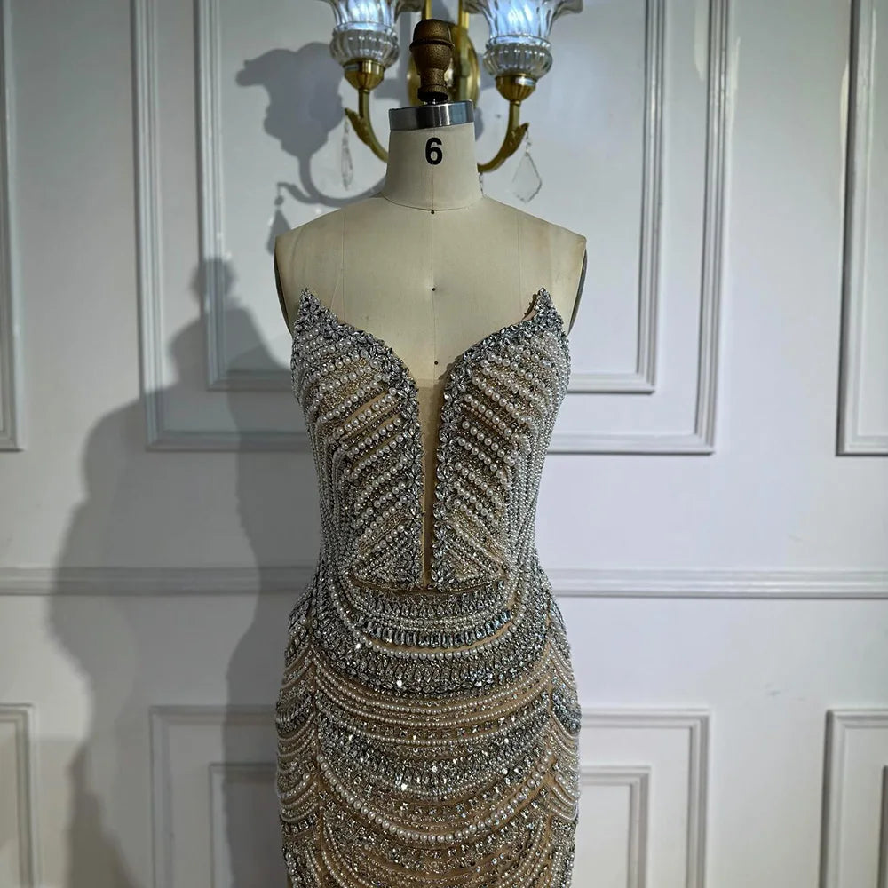 Luxury Nude Silver Beaded Evening Gown with Crystals LA72900