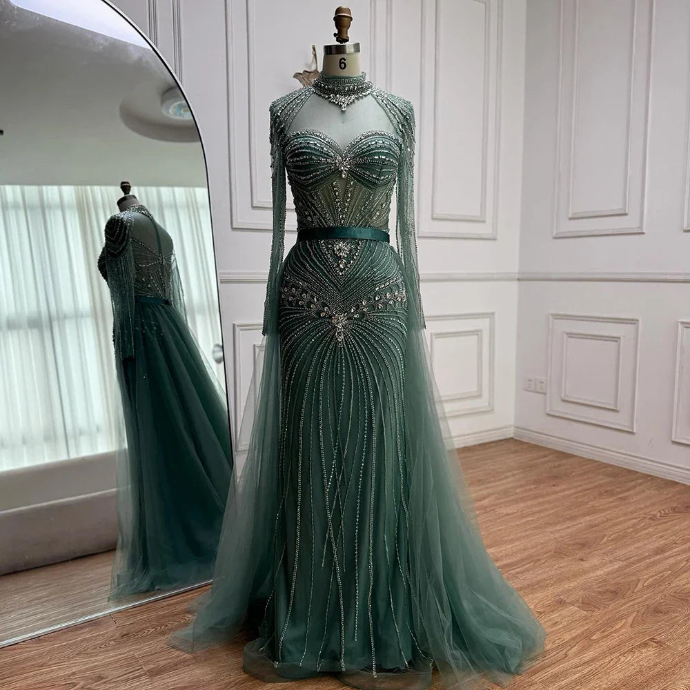 Luxury Nude Modest Beaded Evening Dress Long Sleeves With Overskirt LA72990