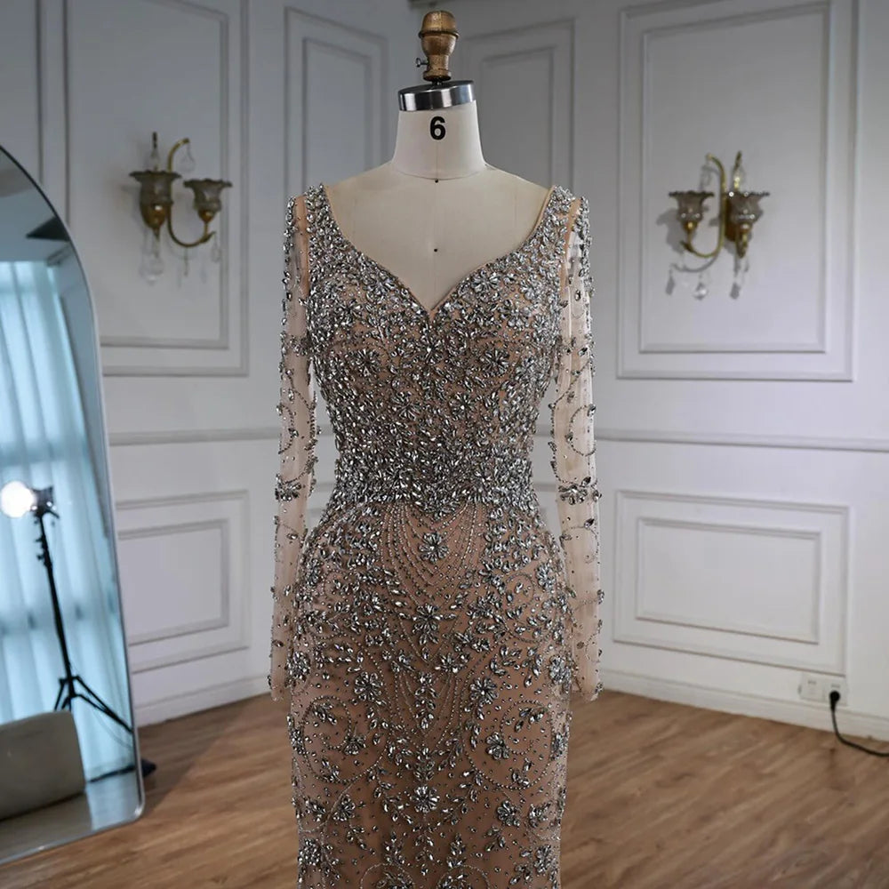 Luxury Nude Beaded Crystal Evening Dress with Long Sleeves LA73042