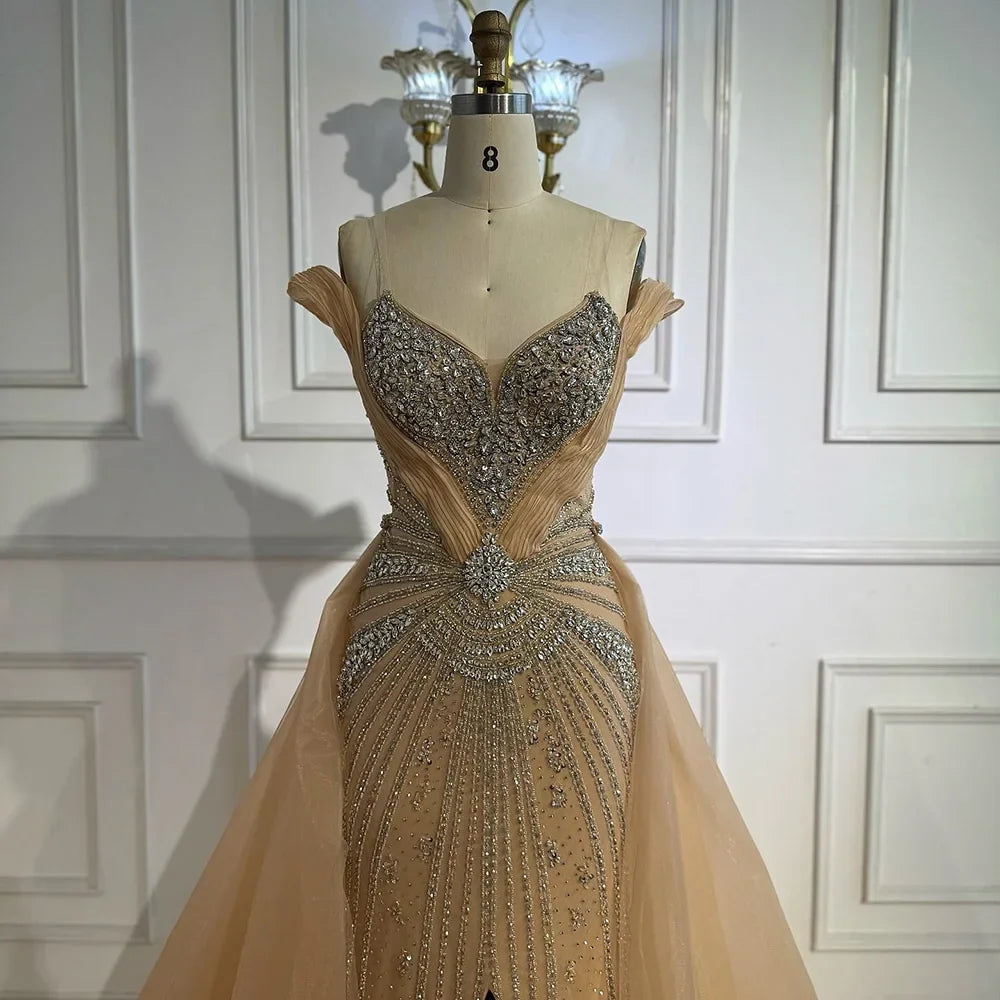 Luxury Nude Beaded Mermaid Evening Dress with Overskirt and Slit LA73034